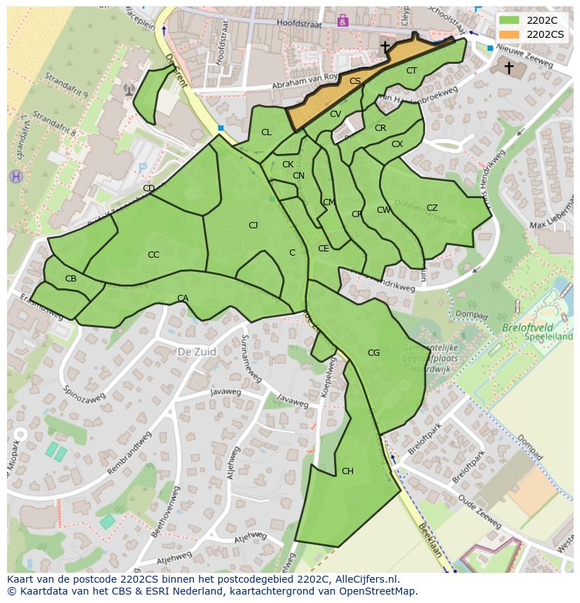 Afbeelding van het postcodegebied 2202 CS op de kaart.