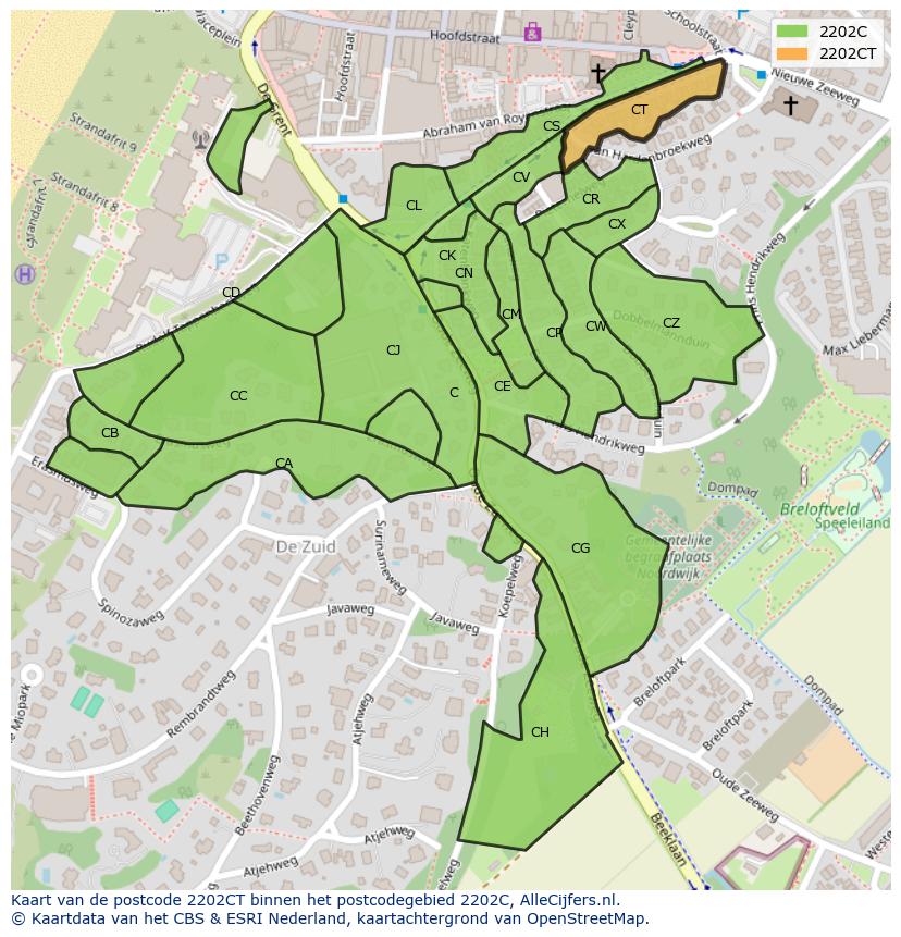Afbeelding van het postcodegebied 2202 CT op de kaart.