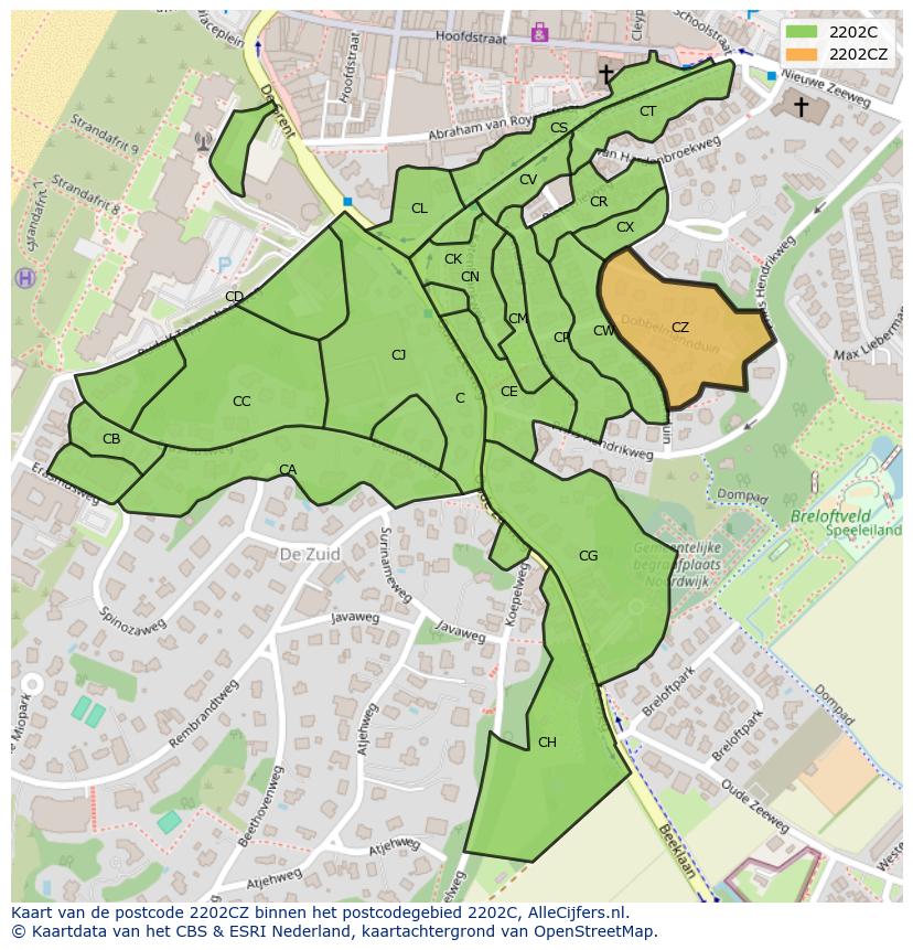 Afbeelding van het postcodegebied 2202 CZ op de kaart.