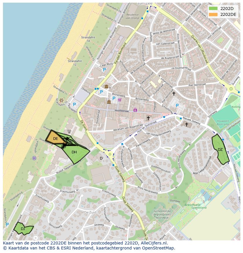Afbeelding van het postcodegebied 2202 DE op de kaart.