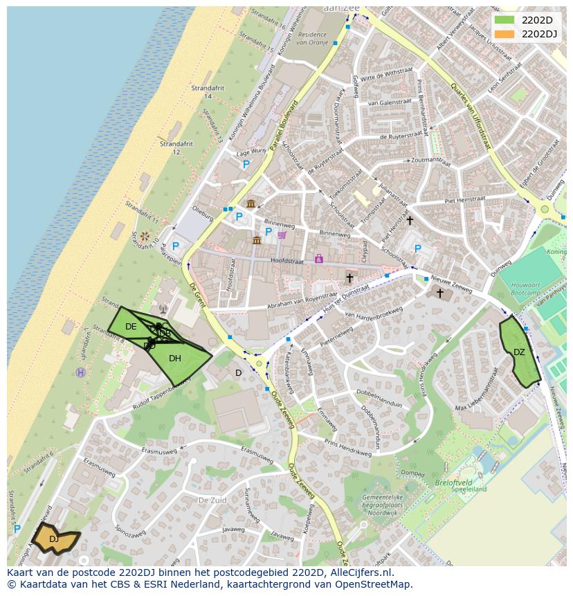 Afbeelding van het postcodegebied 2202 DJ op de kaart.