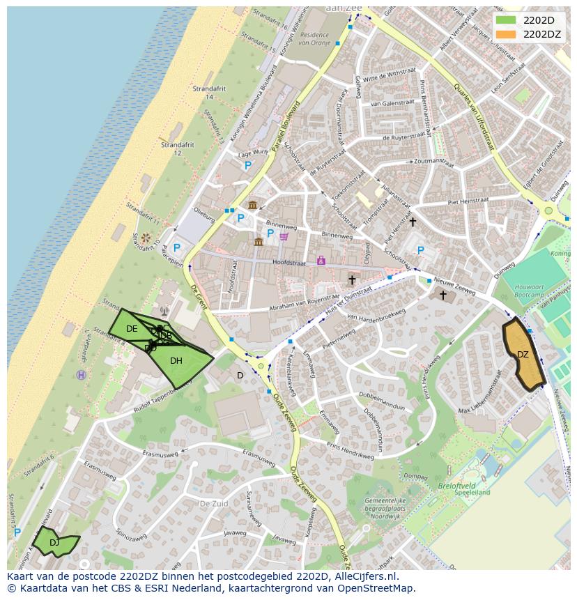 Afbeelding van het postcodegebied 2202 DZ op de kaart.