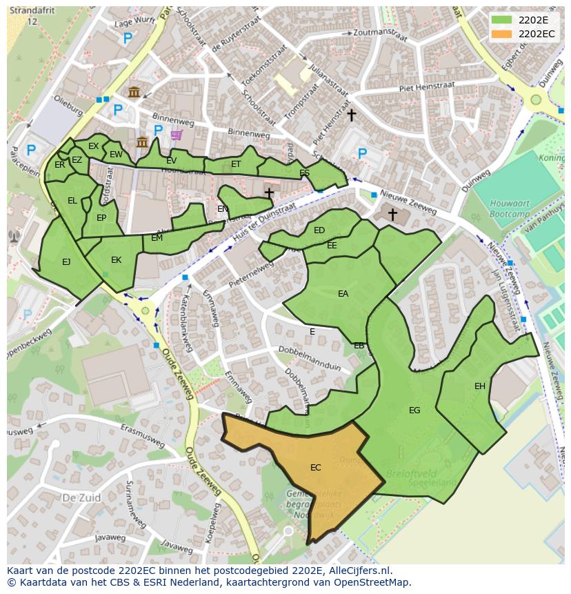 Afbeelding van het postcodegebied 2202 EC op de kaart.