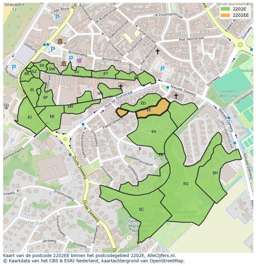 Afbeelding van het postcodegebied 2202 EE op de kaart.