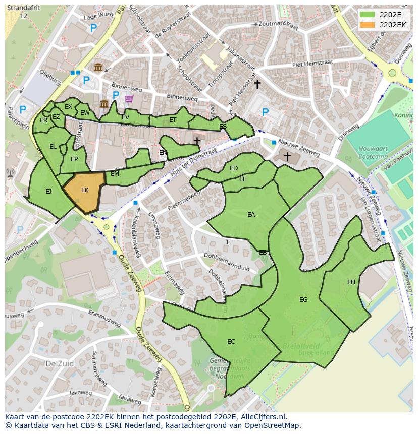 Afbeelding van het postcodegebied 2202 EK op de kaart.