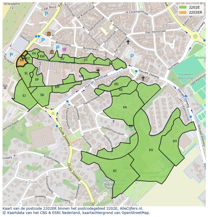 Afbeelding van het postcodegebied 2202 ER op de kaart.