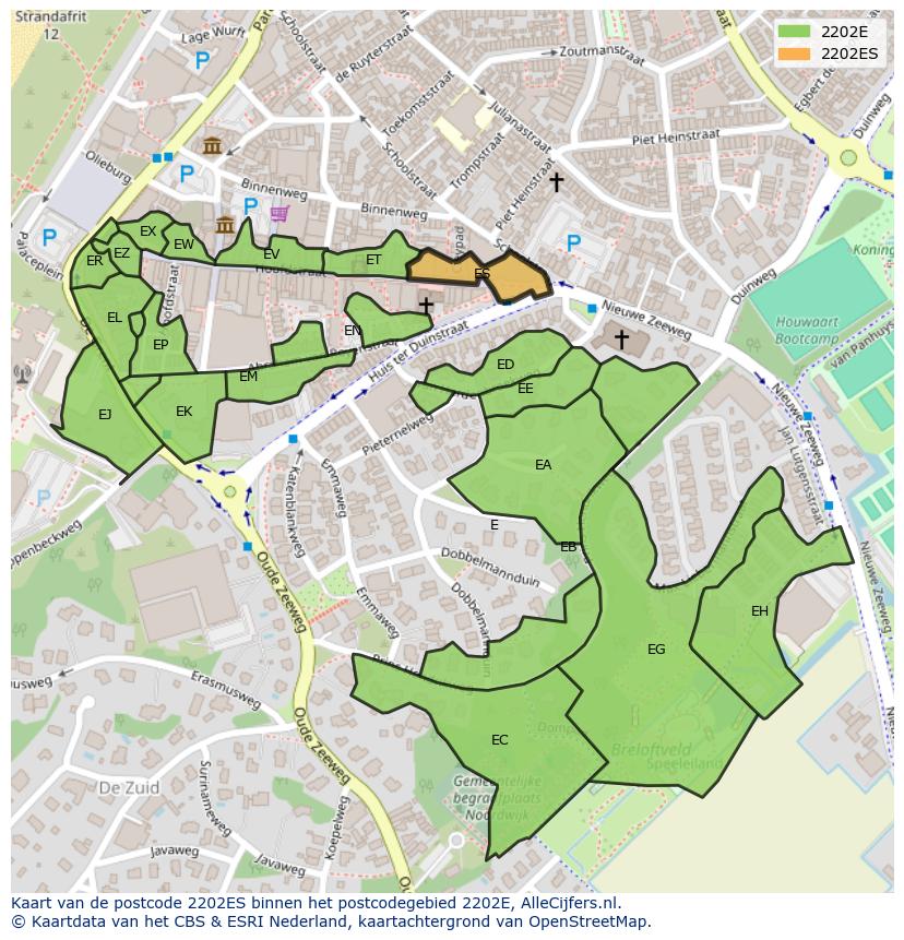 Afbeelding van het postcodegebied 2202 ES op de kaart.