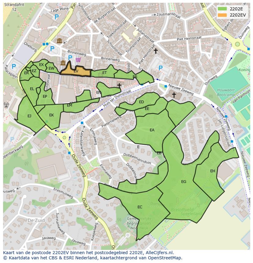 Afbeelding van het postcodegebied 2202 EV op de kaart.