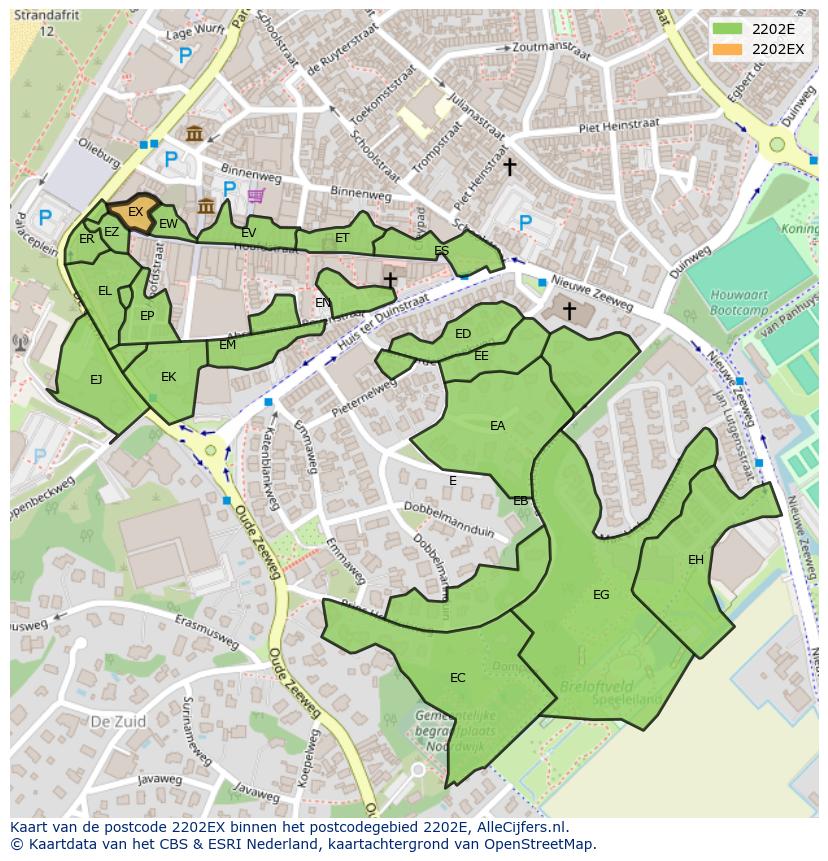 Afbeelding van het postcodegebied 2202 EX op de kaart.