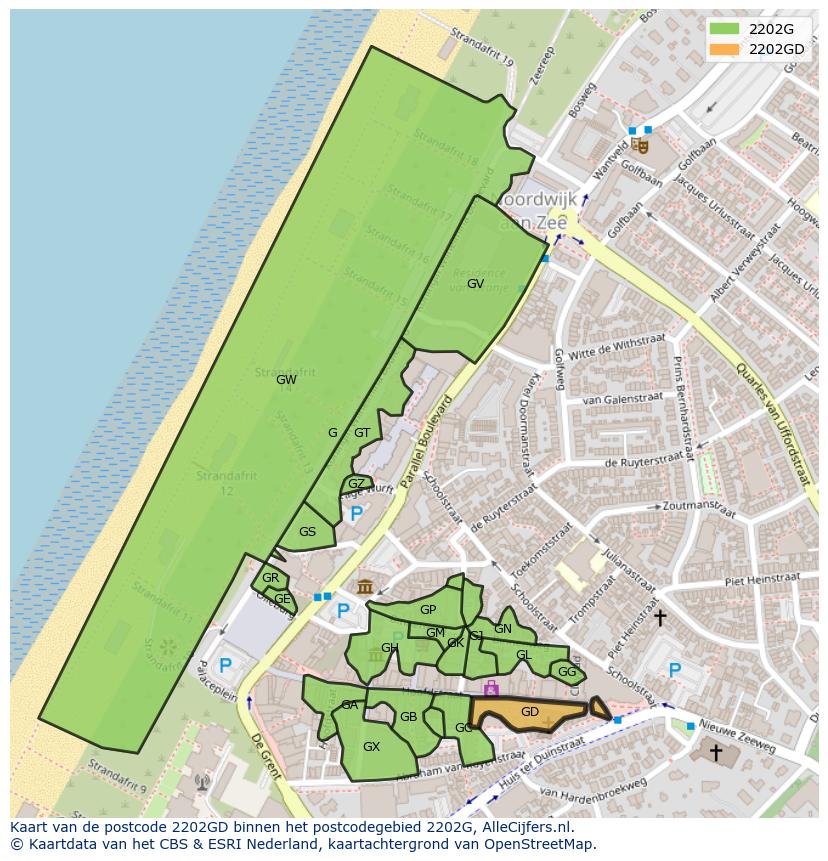 Afbeelding van het postcodegebied 2202 GD op de kaart.