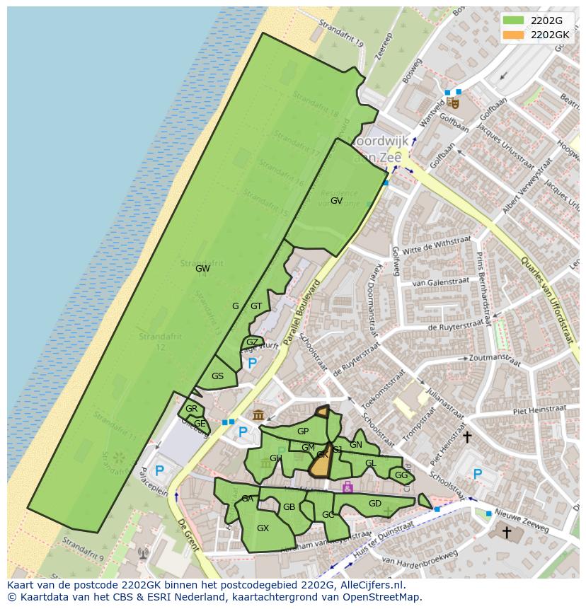 Afbeelding van het postcodegebied 2202 GK op de kaart.