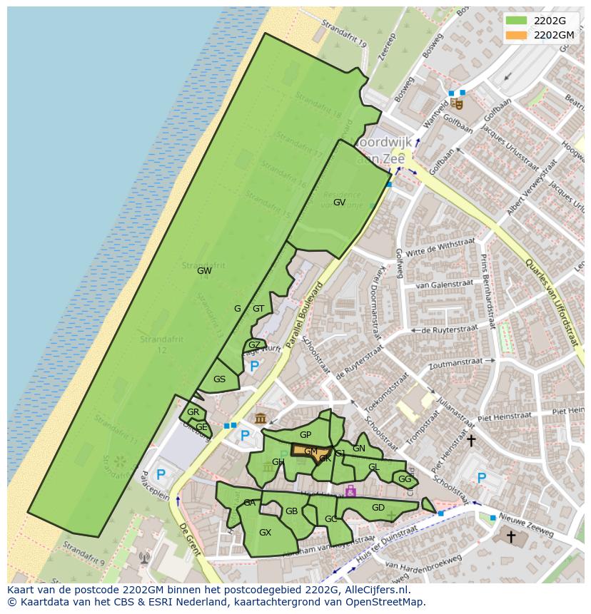 Afbeelding van het postcodegebied 2202 GM op de kaart.