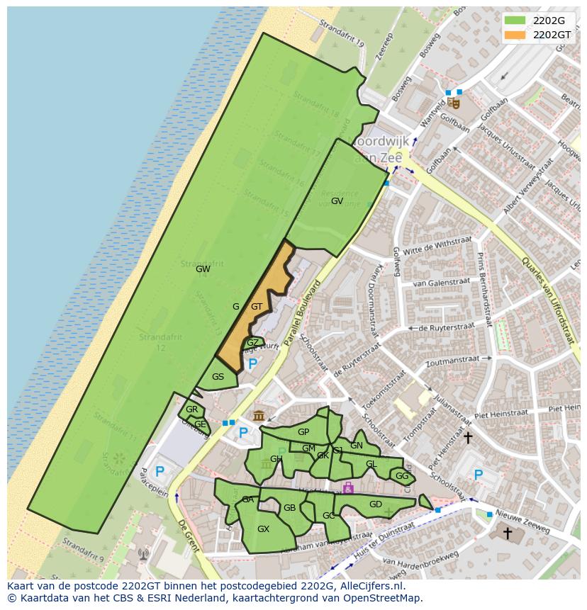 Afbeelding van het postcodegebied 2202 GT op de kaart.