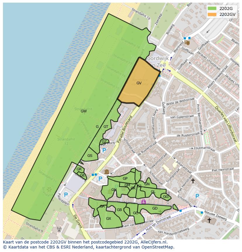 Afbeelding van het postcodegebied 2202 GV op de kaart.