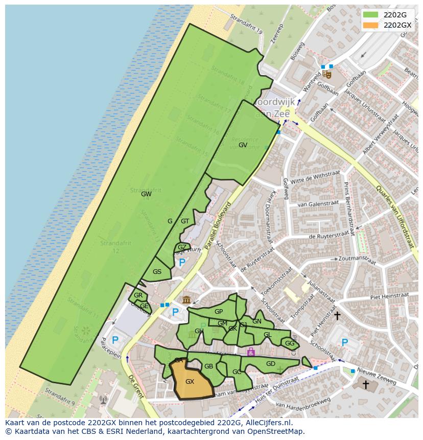 Afbeelding van het postcodegebied 2202 GX op de kaart.