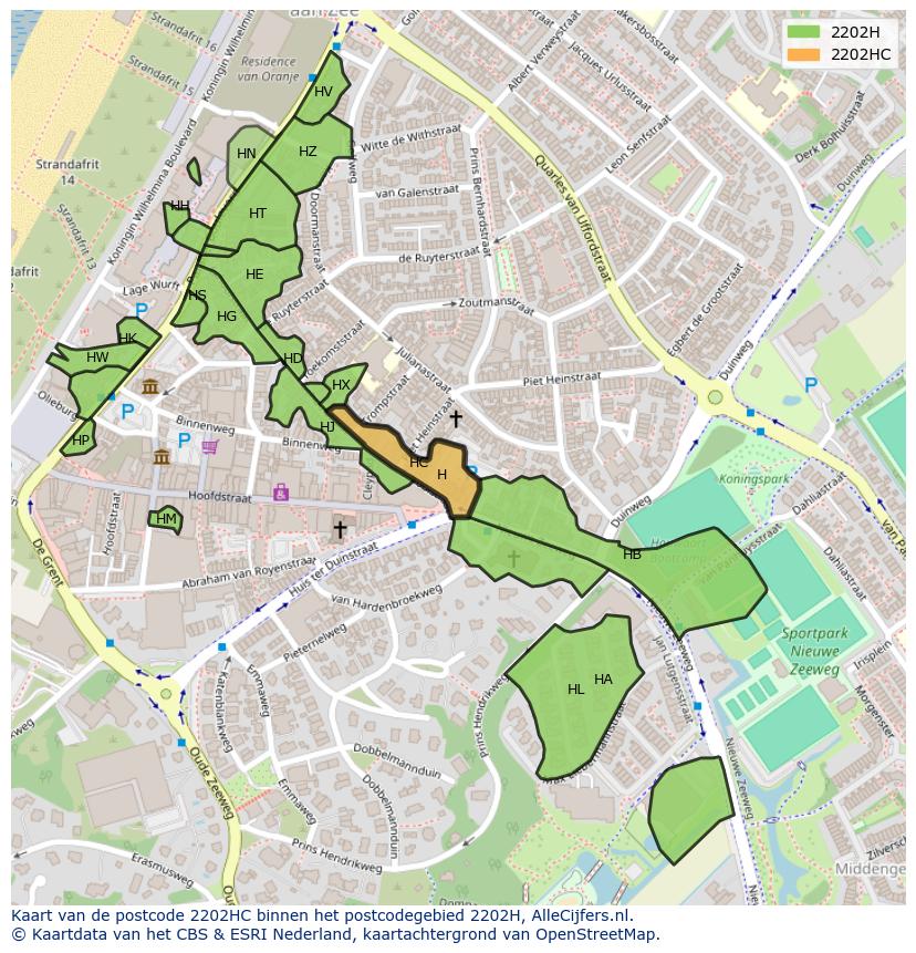 Afbeelding van het postcodegebied 2202 HC op de kaart.