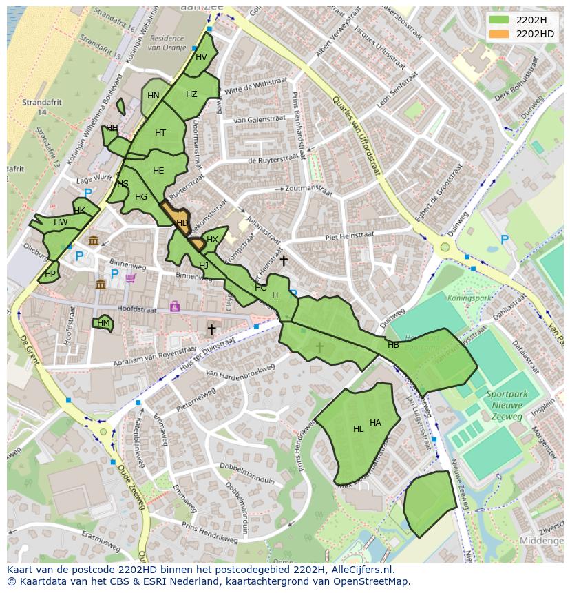Afbeelding van het postcodegebied 2202 HD op de kaart.