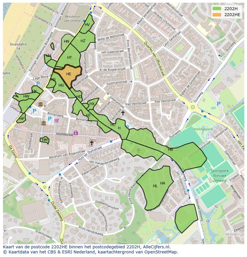 Afbeelding van het postcodegebied 2202 HE op de kaart.
