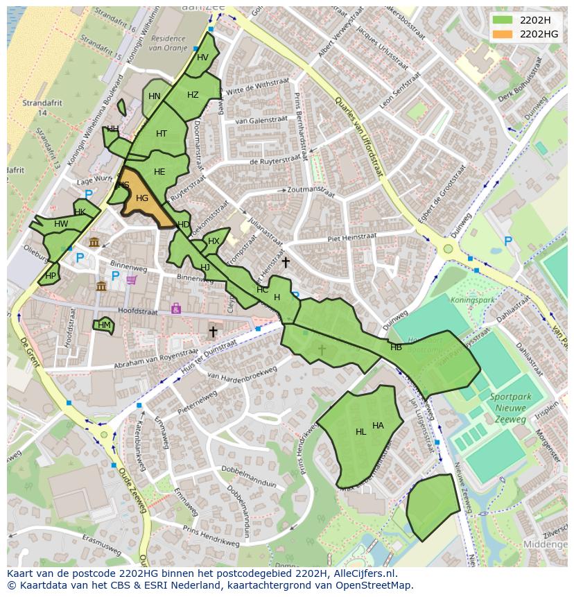 Afbeelding van het postcodegebied 2202 HG op de kaart.