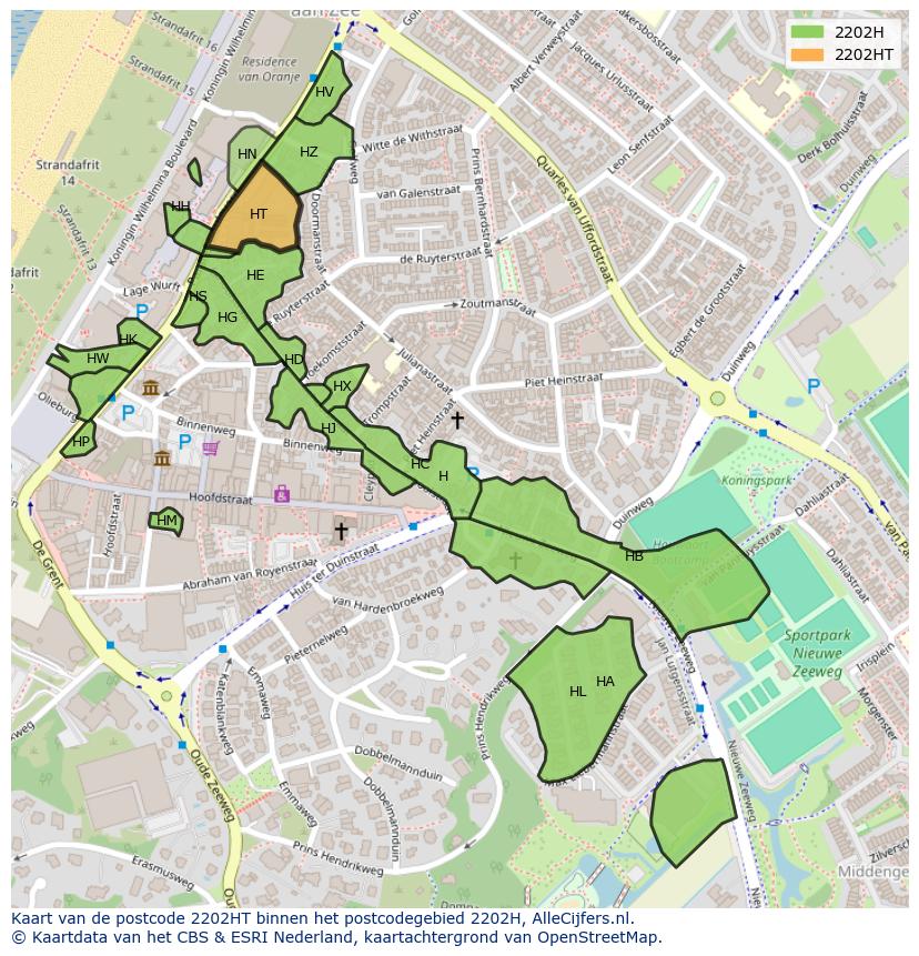 Afbeelding van het postcodegebied 2202 HT op de kaart.