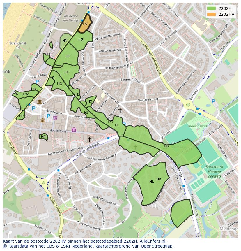 Afbeelding van het postcodegebied 2202 HV op de kaart.