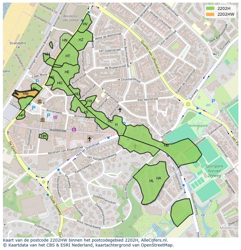 Afbeelding van het postcodegebied 2202 HW op de kaart.