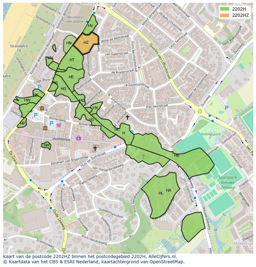 Afbeelding van het postcodegebied 2202 HZ op de kaart.