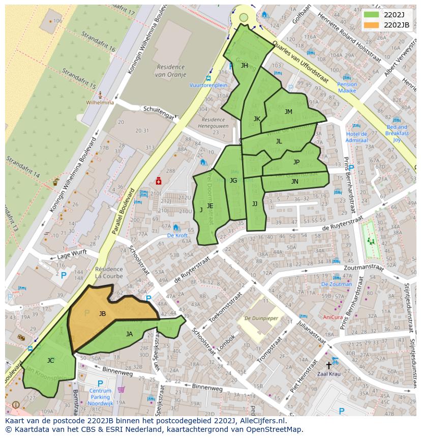 Afbeelding van het postcodegebied 2202 JB op de kaart.