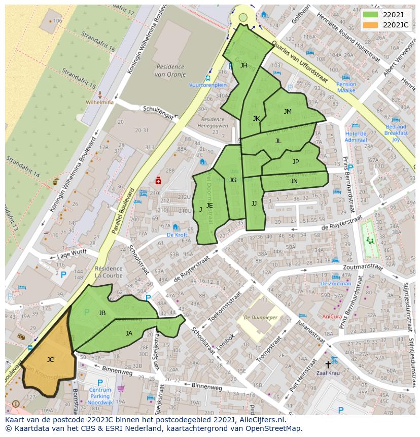 Afbeelding van het postcodegebied 2202 JC op de kaart.