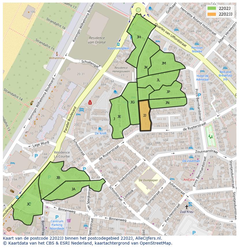Afbeelding van het postcodegebied 2202 JJ op de kaart.