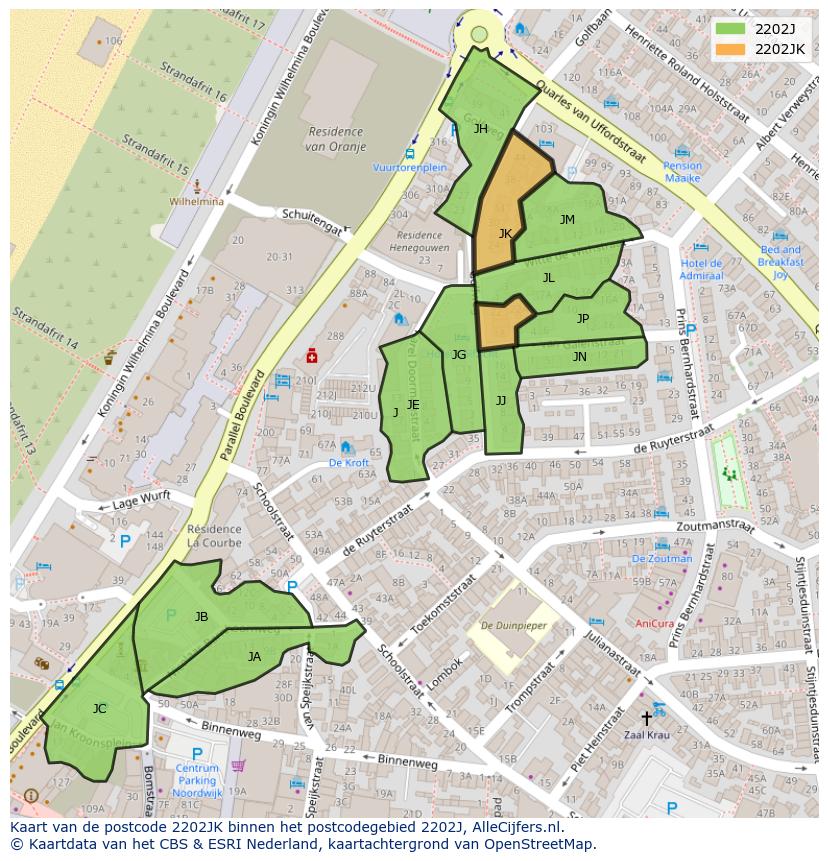 Afbeelding van het postcodegebied 2202 JK op de kaart.