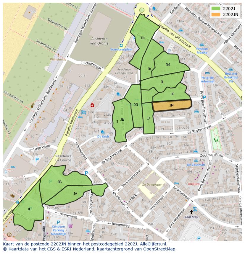Afbeelding van het postcodegebied 2202 JN op de kaart.