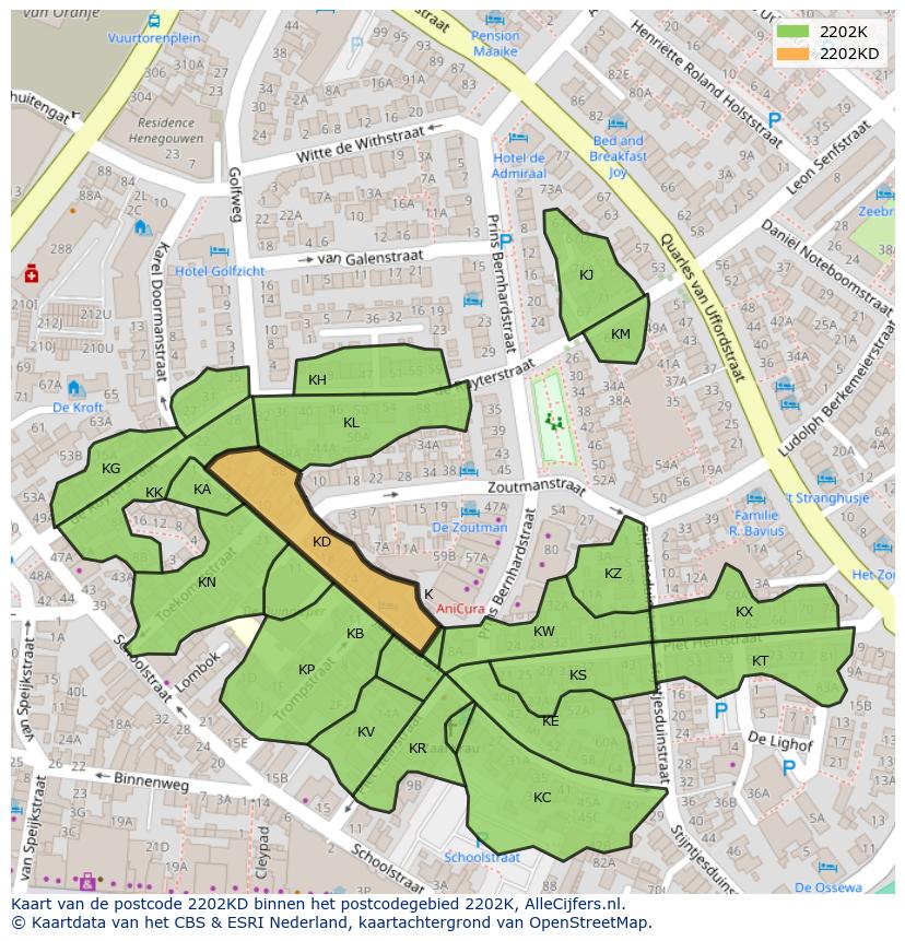 Afbeelding van het postcodegebied 2202 KD op de kaart.