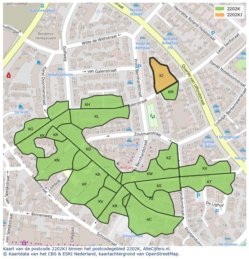 Afbeelding van het postcodegebied 2202 KJ op de kaart.