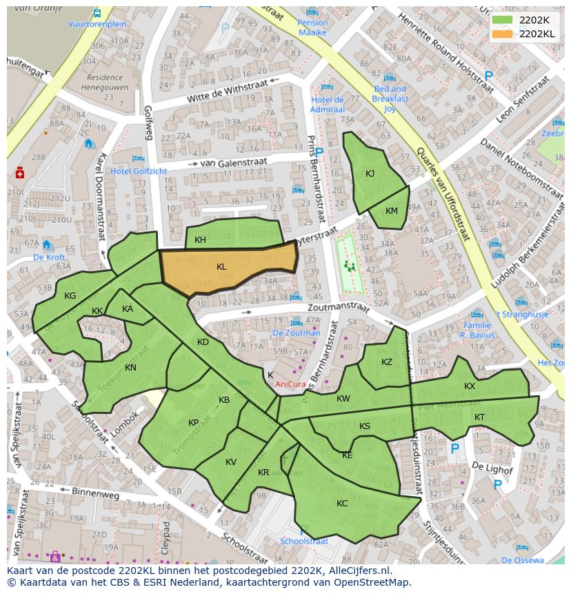 Afbeelding van het postcodegebied 2202 KL op de kaart.