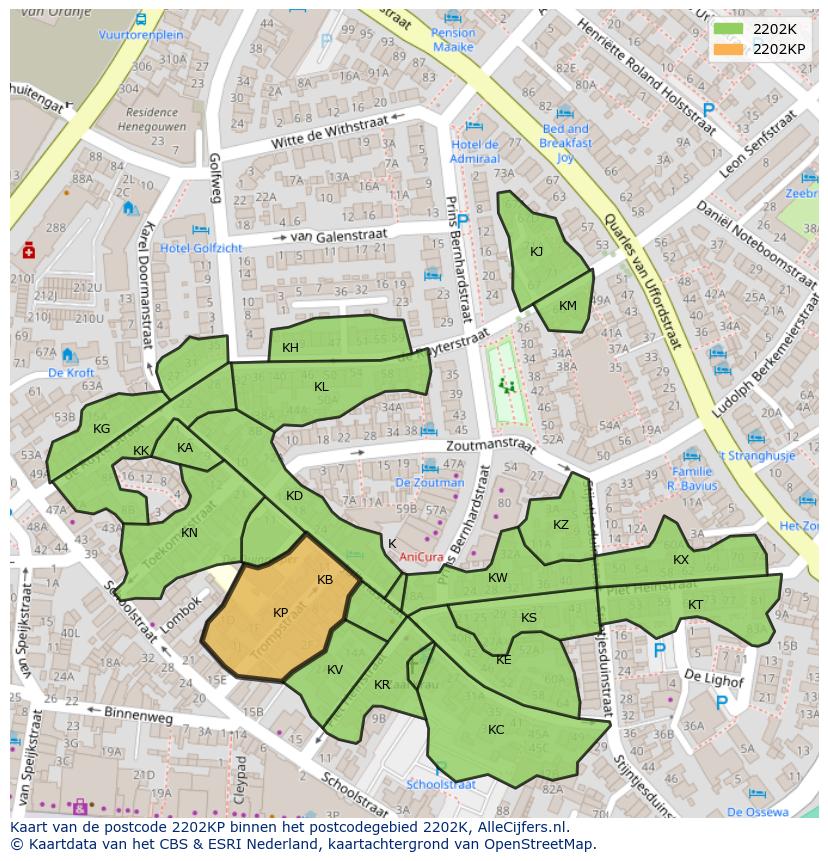 Afbeelding van het postcodegebied 2202 KP op de kaart.