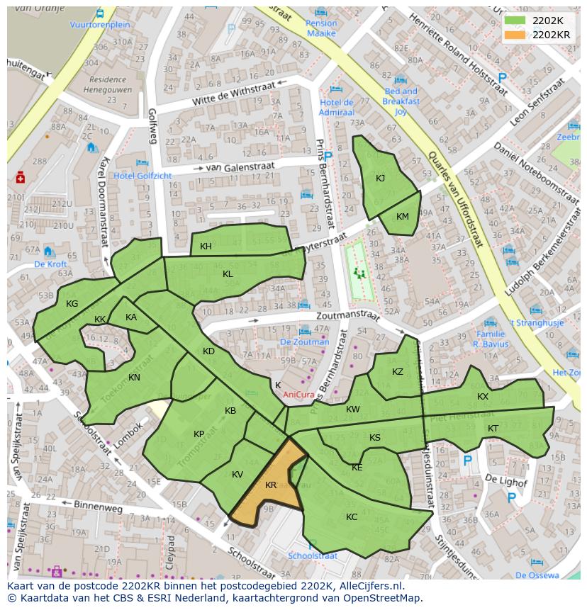 Afbeelding van het postcodegebied 2202 KR op de kaart.