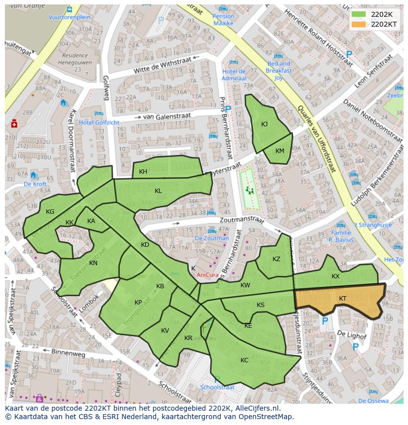 Afbeelding van het postcodegebied 2202 KT op de kaart.