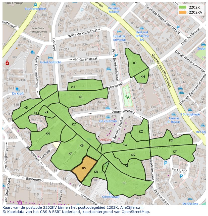 Afbeelding van het postcodegebied 2202 KV op de kaart.