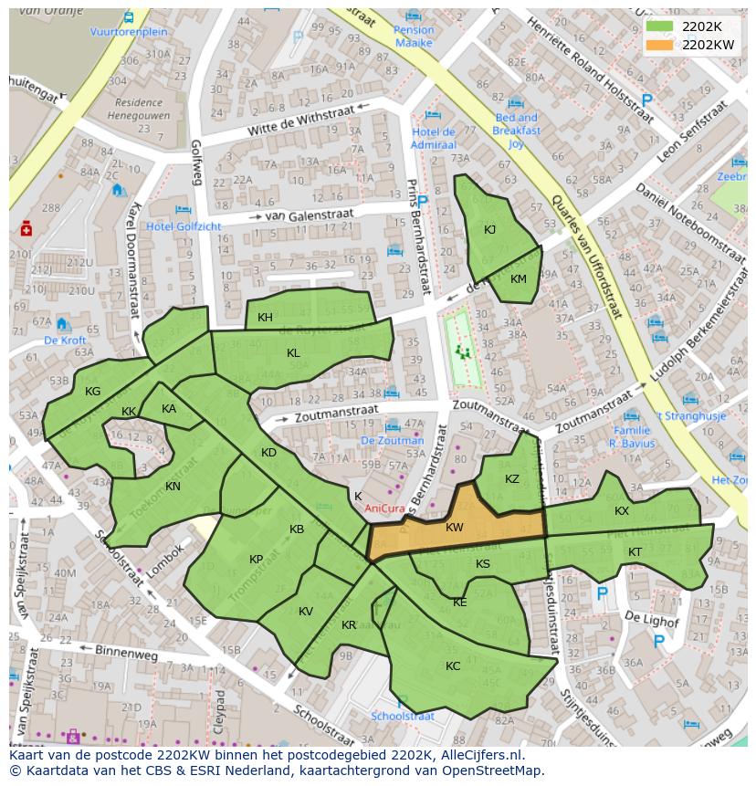 Afbeelding van het postcodegebied 2202 KW op de kaart.