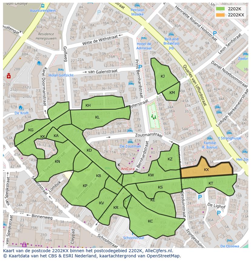 Afbeelding van het postcodegebied 2202 KX op de kaart.