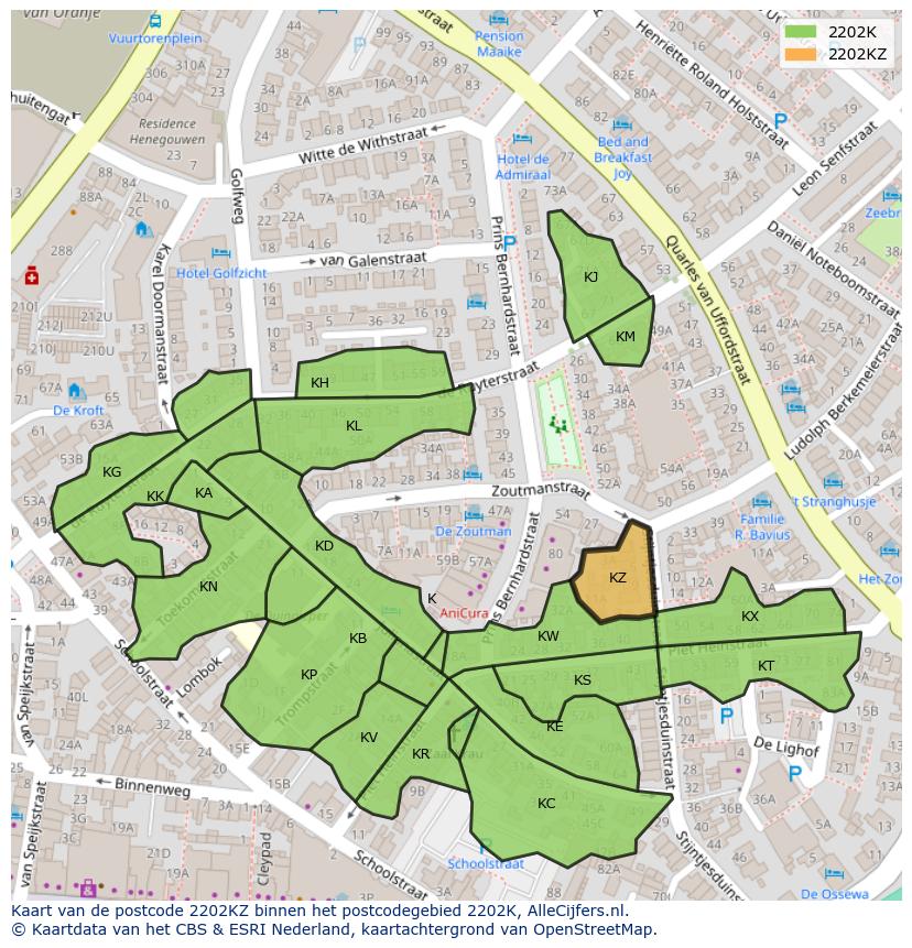 Afbeelding van het postcodegebied 2202 KZ op de kaart.