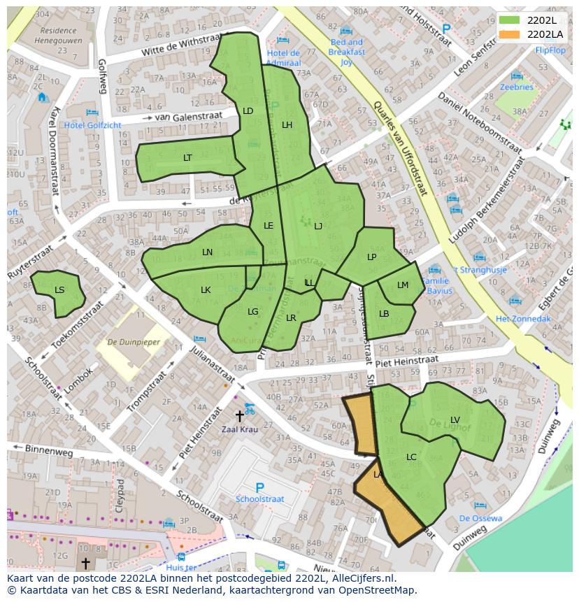 Afbeelding van het postcodegebied 2202 LA op de kaart.