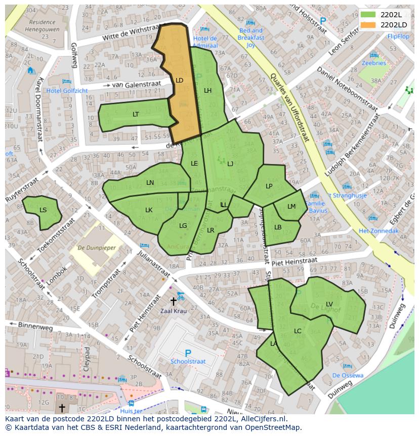 Afbeelding van het postcodegebied 2202 LD op de kaart.