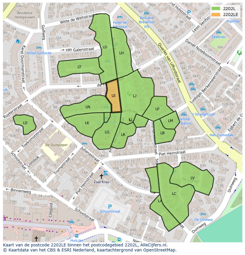 Afbeelding van het postcodegebied 2202 LE op de kaart.