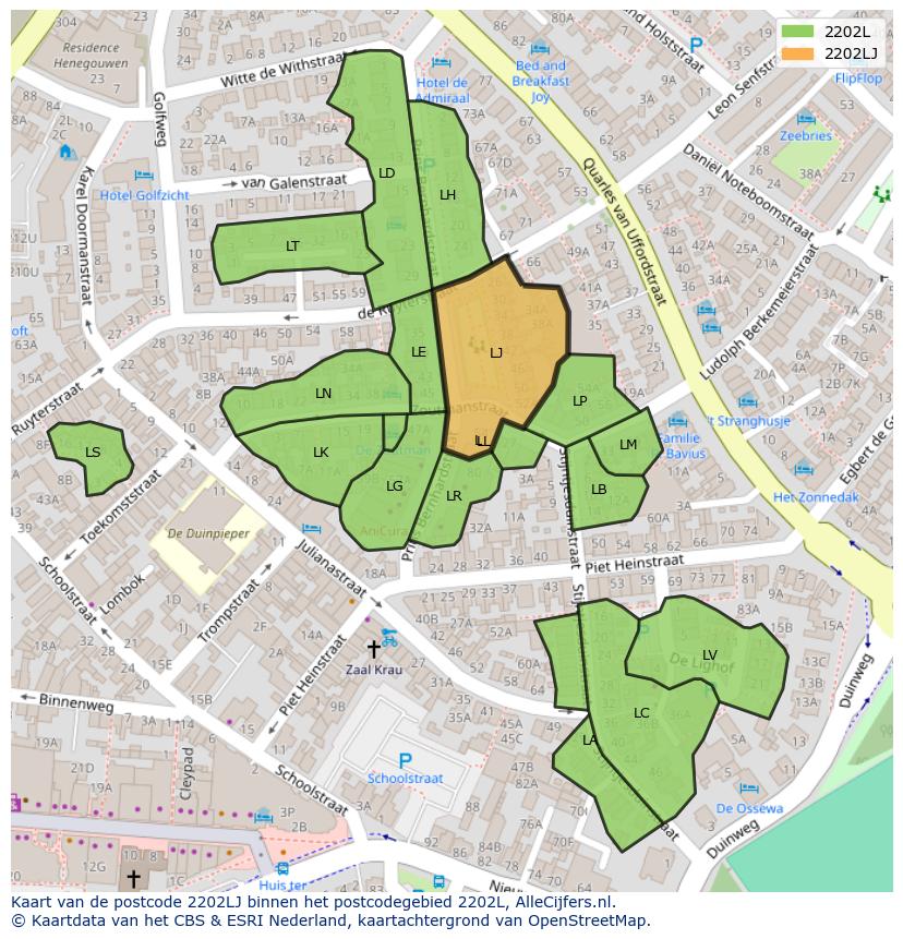 Afbeelding van het postcodegebied 2202 LJ op de kaart.
