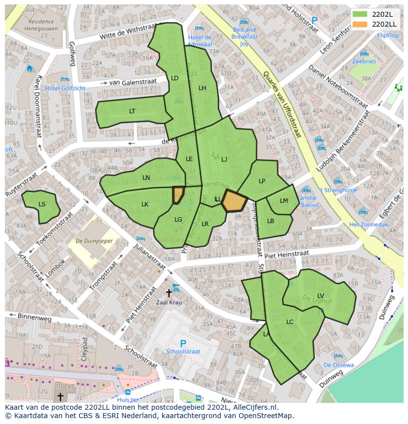 Afbeelding van het postcodegebied 2202 LL op de kaart.