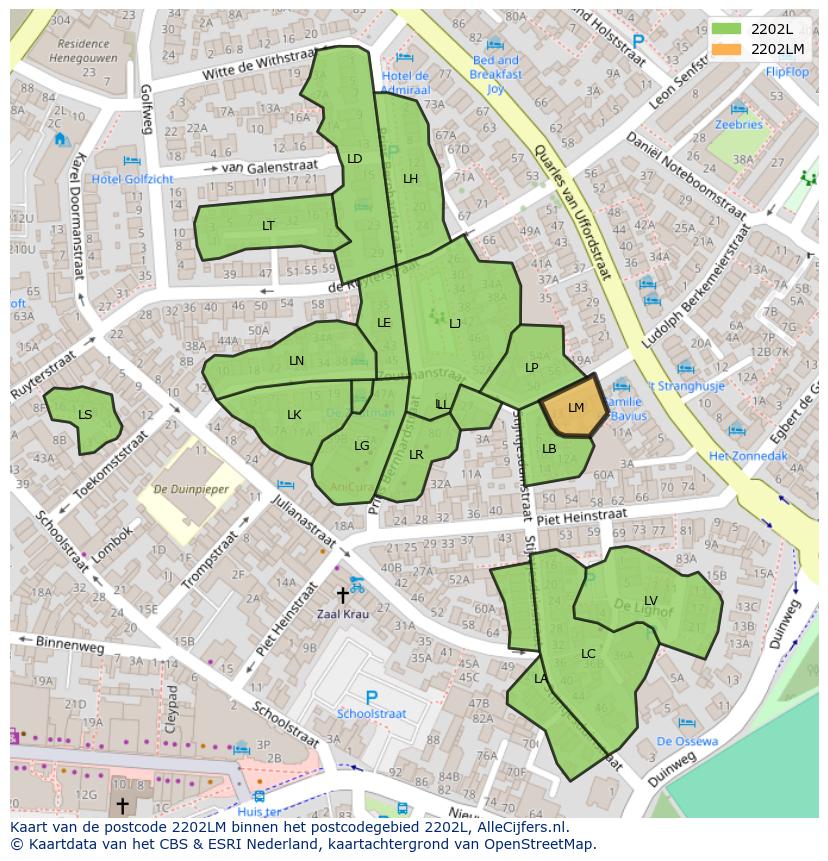 Afbeelding van het postcodegebied 2202 LM op de kaart.