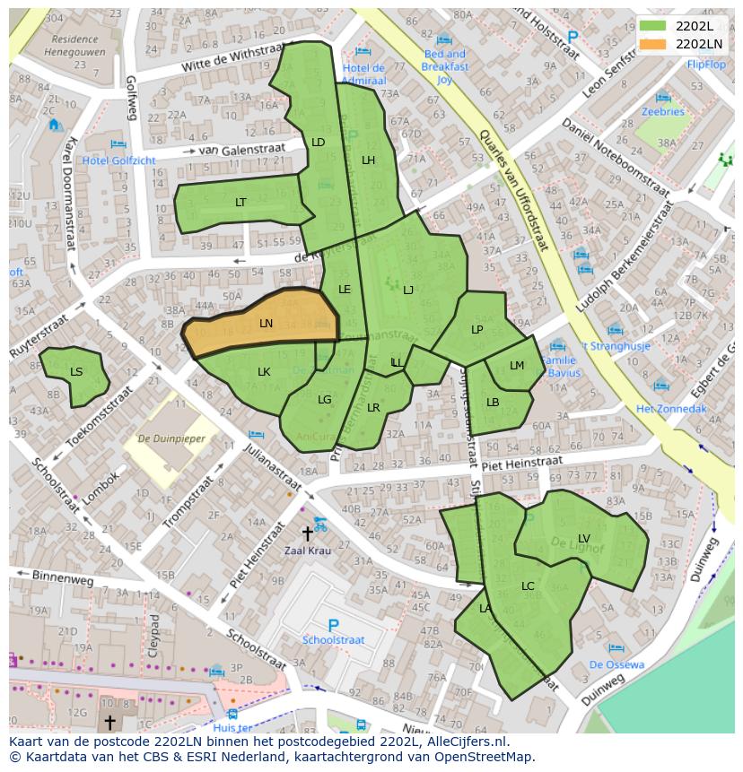 Afbeelding van het postcodegebied 2202 LN op de kaart.
