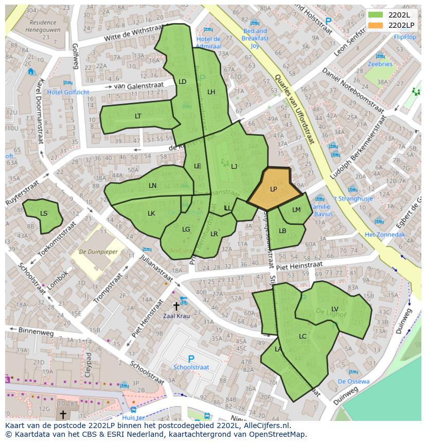 Afbeelding van het postcodegebied 2202 LP op de kaart.